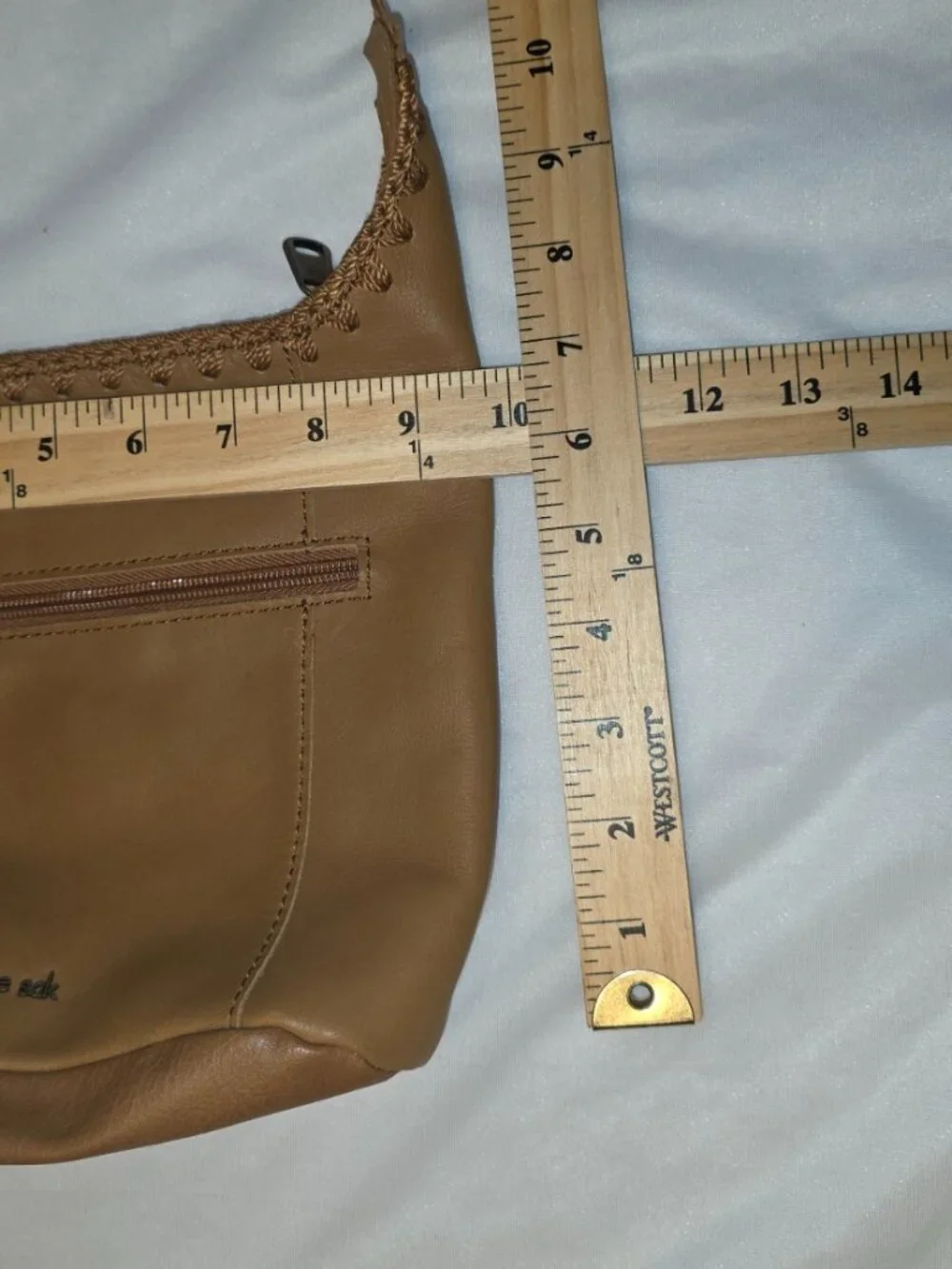 The Sak Asher Leather Crossbody Bag Neutral Tan Soft Strap Stitched Crochet Trim